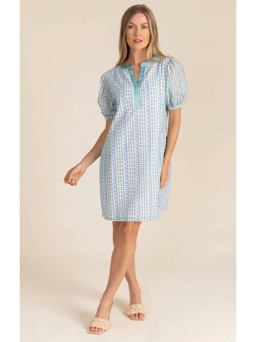Sedge Selma Dress Mini Puff Sleeve Notch Neck Luxury White Green Blue Large
